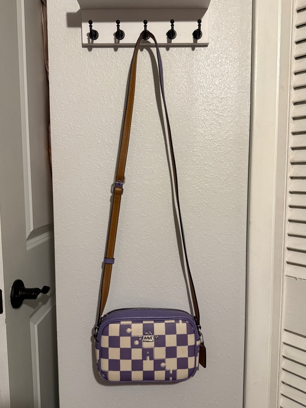 COACH Purple Checkered Camera  Bag with Tan and Purple Strap